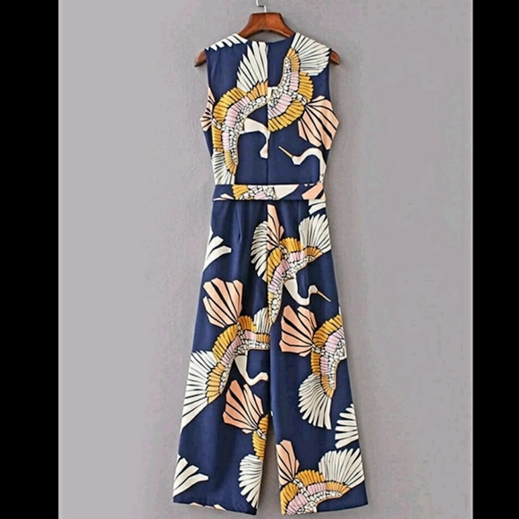 Colorfull Bird print Belted Wide Leg Jumpsuit romper - Picture 3 of 13